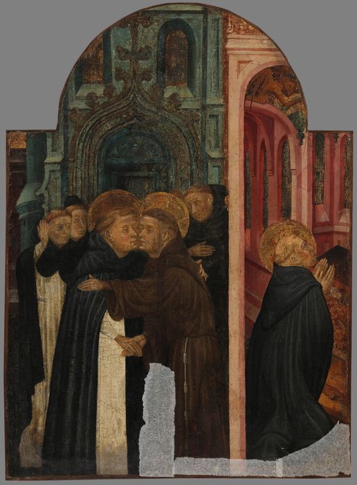 tableau : Vision de saint Dominique, la Rencontre saint Dominique avec saint François - © Ministère de la Culture (France), Centre de conservation et de restauration du patrimoine des Pyrénées-Orientales – Tous droits réservés