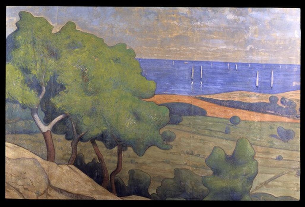 peinture monumentale, scène de décor : Vue du Racou représentant une vue de la place du Racou (Argelès-sur-Mer) - © Ministère de la Culture (France), Centre de conservation et de restauration du patrimoine des Pyrénées-Orientales – Tous droits réservés