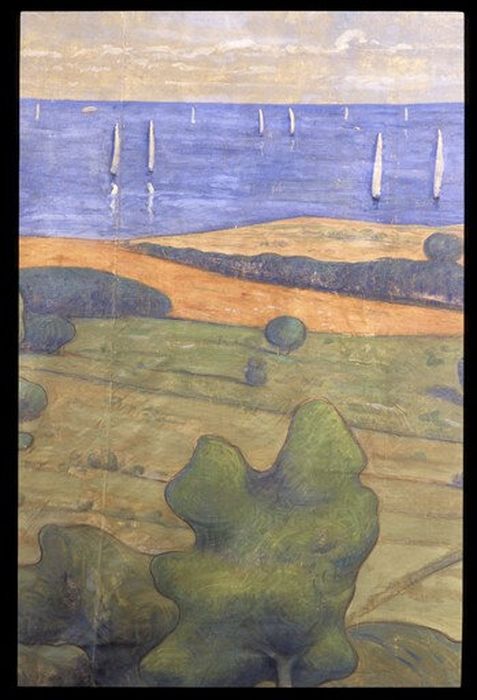 peinture monumentale, scène de décor : Vue du Racou représentant une vue de la place du Racou (Argelès-sur-Mer), détail - © Ministère de la Culture (France), Centre de conservation et de restauration du patrimoine des Pyrénées-Orientales – Tous droits réservés