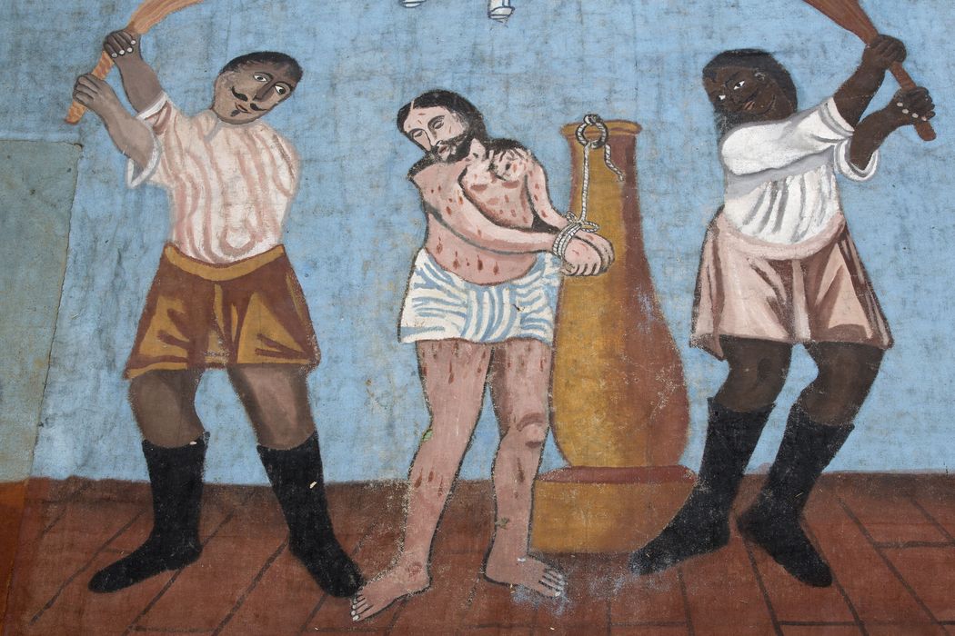 tentures du décor de la semaine sainte : Scènes de la Passion, vue partielle - © Ministère de la Culture (France), Centre de conservation et de restauration du patrimoine des Pyrénées-Orientales – Tous droits réservés