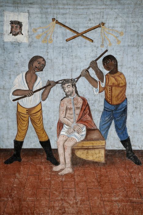 tentures du décor de la semaine sainte : Scènes de la Passion, détail - © Ministère de la Culture (France), Centre de conservation et de restauration du patrimoine des Pyrénées-Orientales – Tous droits réservés