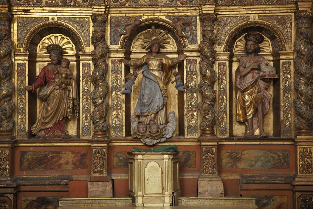 retable du maître-autel de Notre-Dame de l'Assomption, statues : Saint Joseph et l’Enfant, Vierge de l’Assomption, saint jean-Baptiste - © Ministère de la Culture (France), Centre de conservation et de restauration du patrimoine des Pyrénées-Orientales – Tous droits réservés