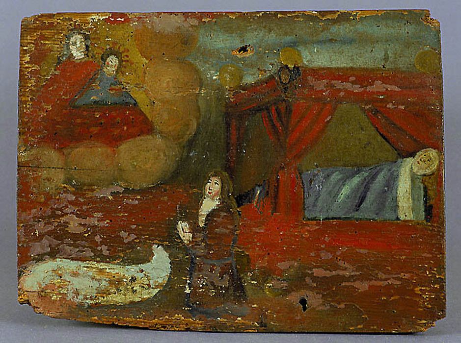 tableau (ex-voto) : Intercession de la Vierge en faveur d'un malade et femme priant - © Ministère de la Culture (France), Centre de conservation et de restauration du patrimoine des Pyrénées-Orientales – Tous droits réservés