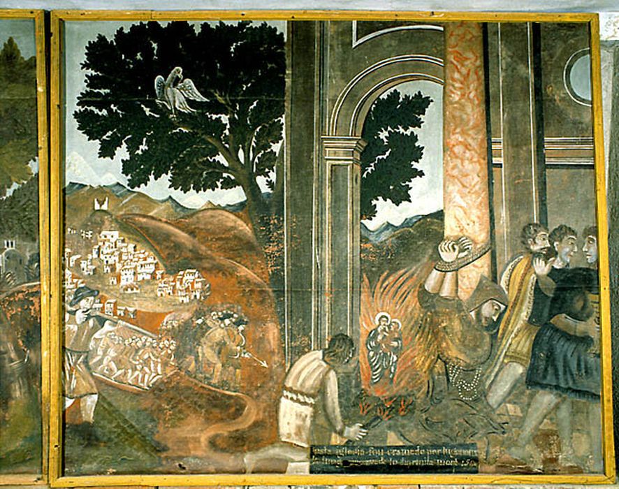 tableau : Attaque de l'ermitage de Domanova par des huguenots - © Ministère de la Culture (France), Centre de conservation et de restauration du patrimoine des Pyrénées-Orientales – Tous droits réservés