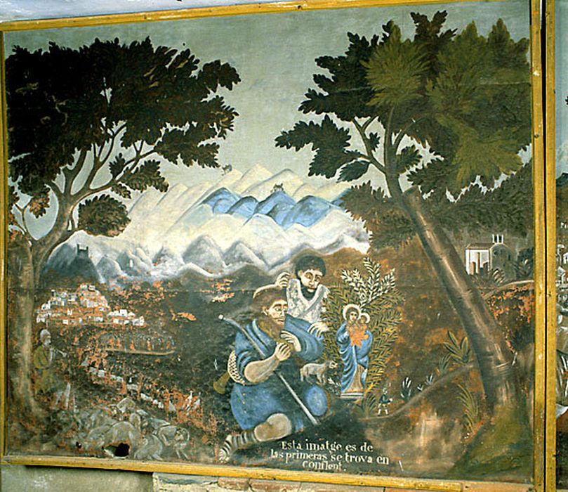 tableau : Découverte de la statue de la Vierge de Domanova par un berger - © Ministère de la Culture (France), Centre de conservation et de restauration du patrimoine des Pyrénées-Orientales – Tous droits réservés