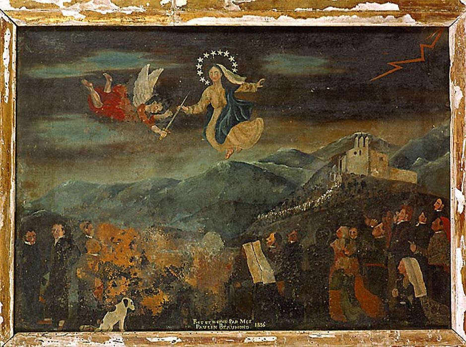 tableau (ex-voto) : Apparition de la Vierge et d'un ange au pied de l'ermitage de Domanova - © Ministère de la Culture (France), Centre de conservation et de restauration du patrimoine des Pyrénées-Orientales – Tous droits réservés
