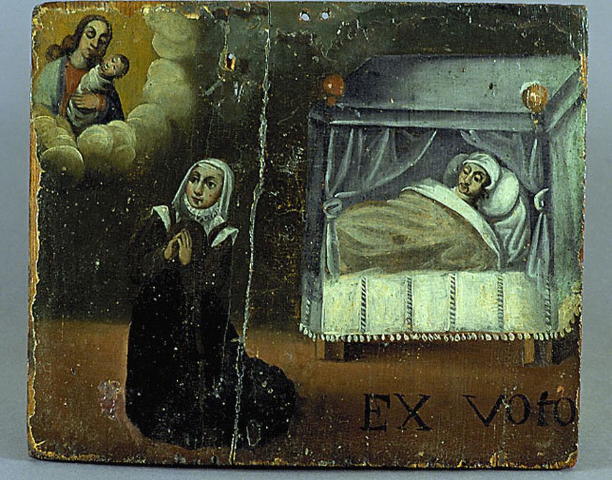 tableau (ex-voto) : Intercession de la Vierge en faveur d'un malade et femme priant - © Ministère de la Culture (France), Centre de conservation et de restauration du patrimoine des Pyrénées-Orientales – Tous droits réservés