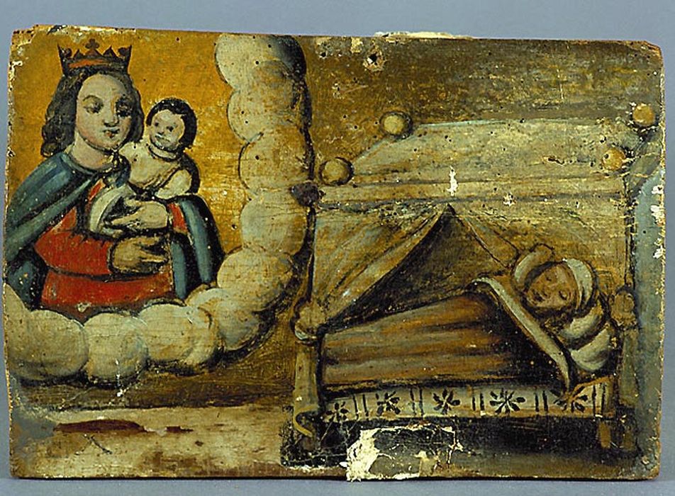 tableau (ex-voto) : Intercession de la Vierge en faveur d'une malade et femme priant - © Ministère de la Culture (France), Centre de conservation et de restauration du patrimoine des Pyrénées-Orientales – Tous droits réservés
