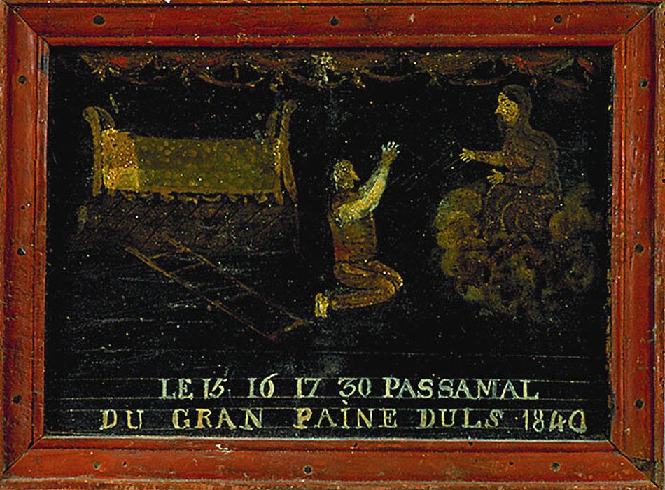 tableau (ex-voto) : un homme à genoux implorant la Vierge (?) - © Ministère de la Culture (France), Centre de conservation et de restauration du patrimoine des Pyrénées-Orientales – Tous droits réservés