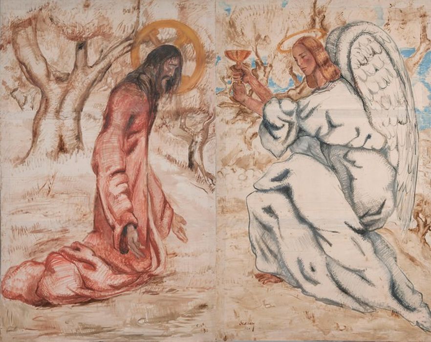 toiles formant diptyque du Christ au mont des oliviers représentant Le Christ et L'Ange - © Ministère de la Culture (France), Centre de conservation et de restauration du patrimoine des Pyrénées-Orientales – Tous droits réservés
