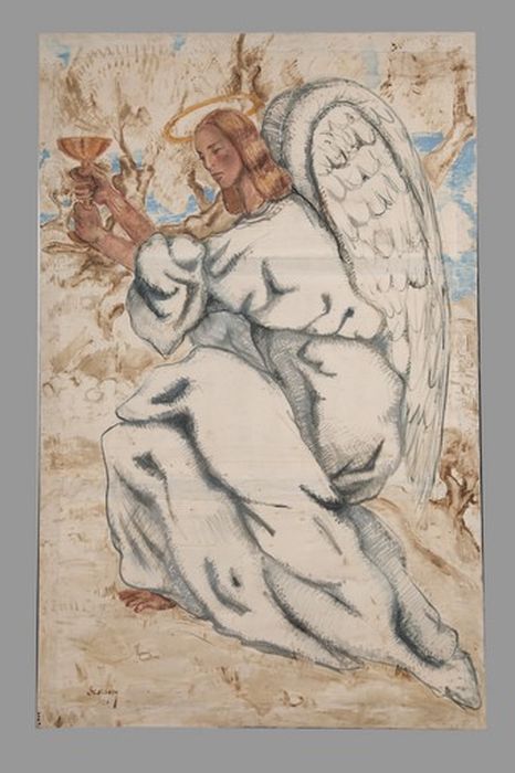 toiles formant diptyque du Christ au mont des oliviers représentant Le Christ et L'Ange, vue partielle - © Ministère de la Culture (France), Centre de conservation et de restauration du patrimoine des Pyrénées-Orientales – Tous droits réservés
