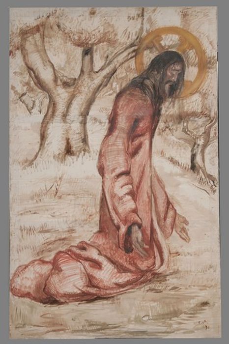 toiles formant diptyque du Christ au mont des oliviers représentant Le Christ et L'Ange, vue partielle - © Ministère de la Culture (France), Centre de conservation et de restauration du patrimoine des Pyrénées-Orientales – Tous droits réservés