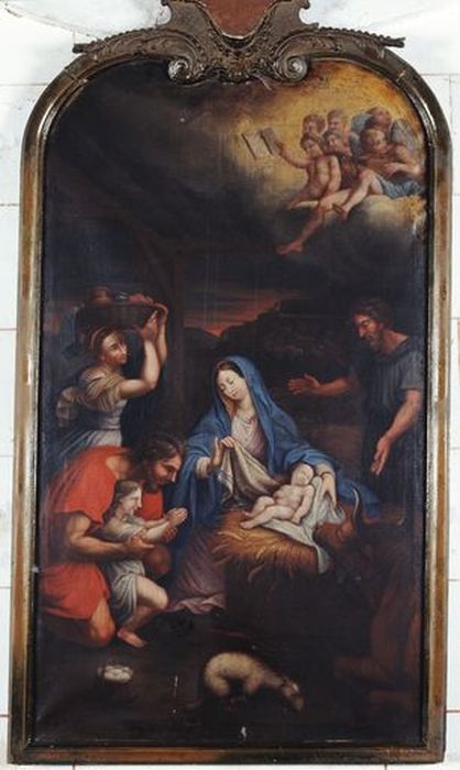 tableau et son cadre : Adoration des bergers - ©  Ministère de la Culture (France), Conservation des antiquités et des objets d’art de la Sarthe - Tous droits réservés