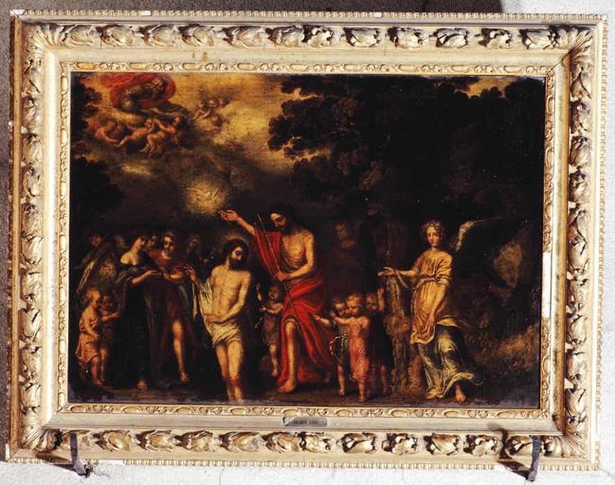 tableau (panneau peint) : Le Baptême du Christ, cadre - © Ministère de la Culture (France), Conservation des antiquités et des objets d’art de la Sarthe - Tous droits réservés