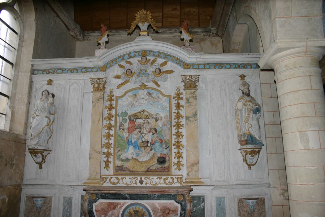 retable, haut-relief : L'Adoration des bergers, statue : Vierge à l'Enfant, groupe sculpté : Saint Nicolas