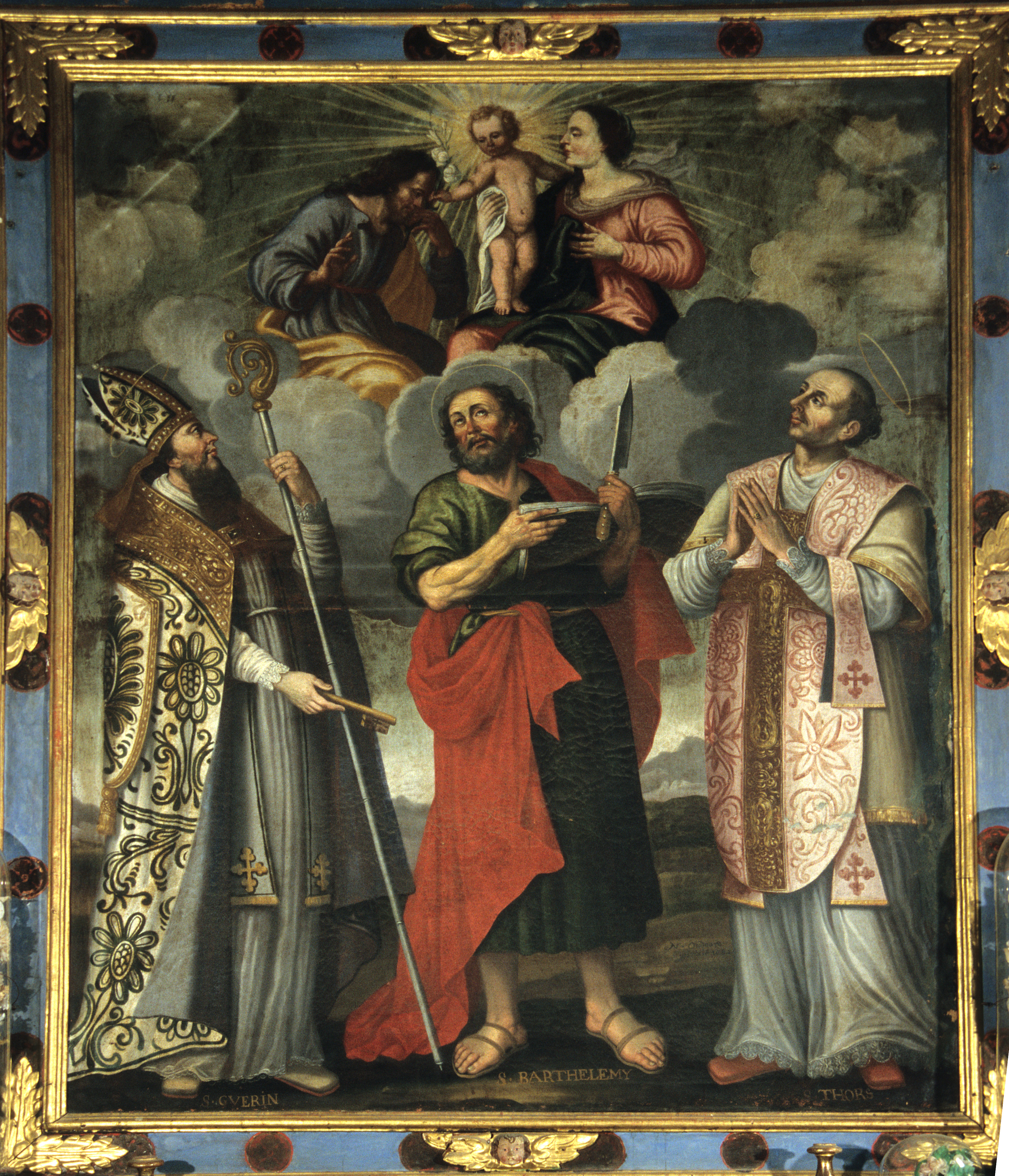 tableau du maître-autel : saint Guérin, saint Barthélémy, saint Ours et la Sainte famille dans une nuée - ©  Ministère de la Culture (France), Conservation des antiquités et des objets d’art de la Savoie - Tous droits réservés