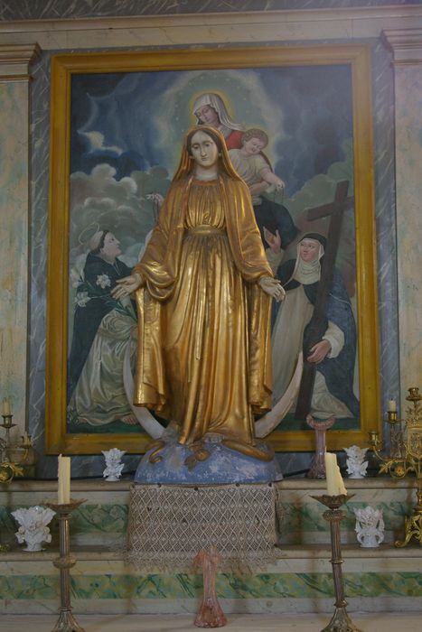 tableau : Vierge du rosaire avec saint Dominique et sainte Catherine, statue : Vierge de l’Immaculée Conception