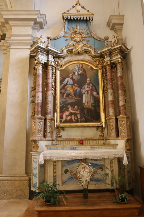 autel, retable latéral sud, tableau : Vierge à l’Enfant, saint Joseph, saint François de Sales