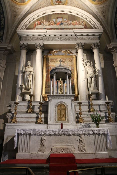 maître-autel, tabernacle, retable, statues : Saint Roch et saint Sébastien