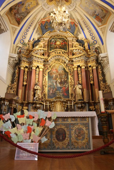 maître-autel, retable, tableau : saint Nicolas, statues : saint Roch, saint Etienne