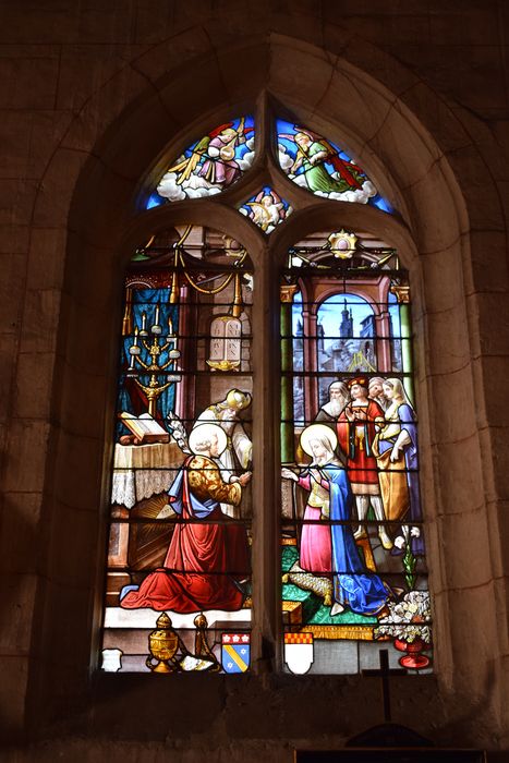 Verrières : Mariage de la Vierge ; Vocation de saint Pierre ; Présentation de la Vierge au Temple ; Présentation de Jésus au temple (baies 5, 6, 7, 10)