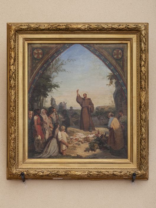 tableau et son cadre : Saint Fiacre prêchant dans la Brie