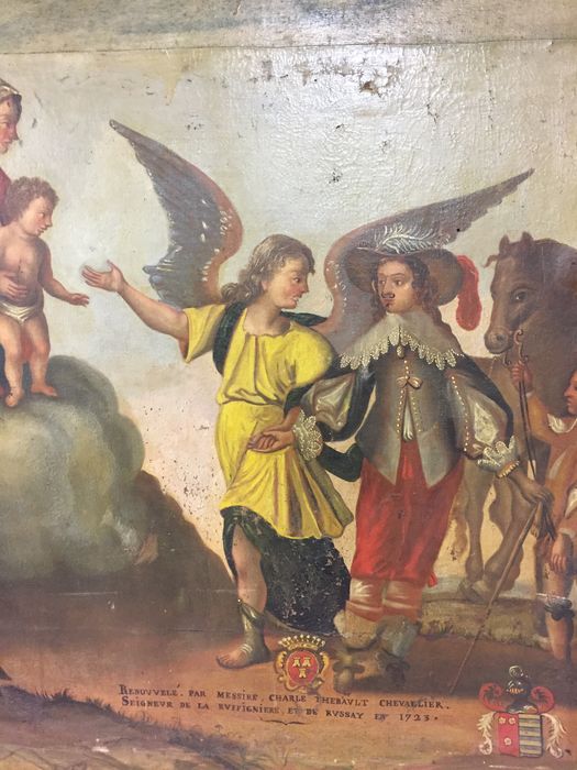 tableau ex-voto : la Vierge et l'Enfant apparaissant à un personnage accompagné par un ange, vue partielle - © Ministère de la Culture (France), Conservation des antiquités et des objets d’art des Deux-Sèvres – Tous droits réservés