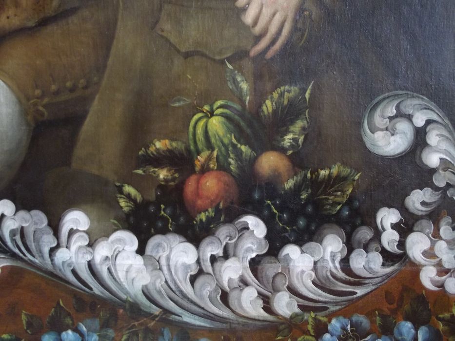 tableau : portrait d'un homme en tenue de chasse, détail