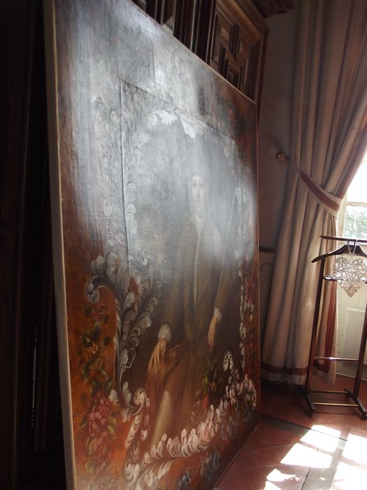 tableau : portrait d'un homme en tenue de chasse, détail