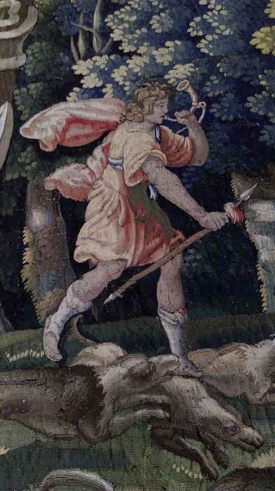 pièce murale : série des amours des dieux : Vénus ou Diane et Adonis, détail