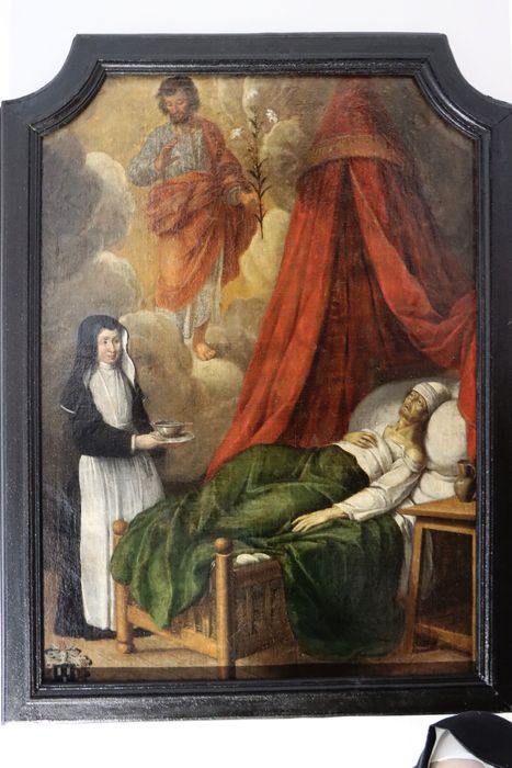 Tableau avec son cadre : Une soeur augustine assistant un mourant