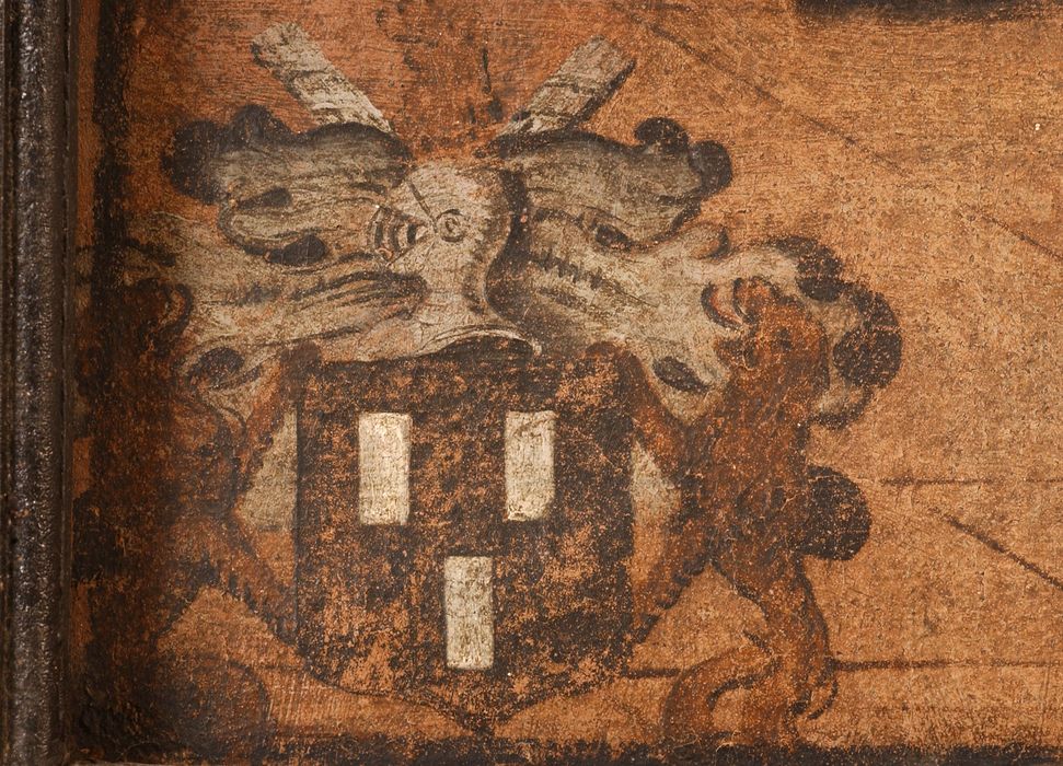 tableau : Une soeur augustine assistant un mourant, détail des armoiries