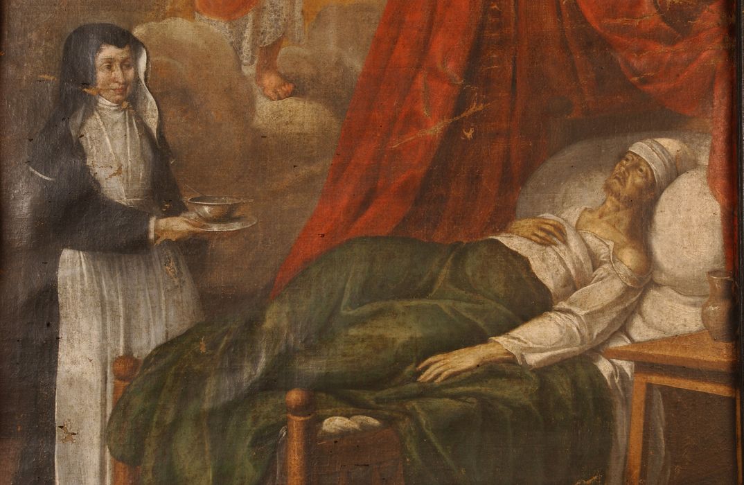 tableau : Une soeur augustine assistant un mourant, vue partielle