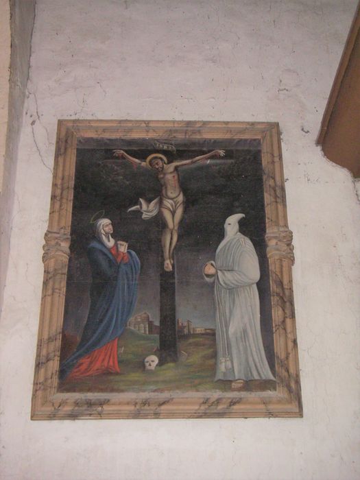 Tableau : Le Christ en croix avec Marie et un pénitent blanc