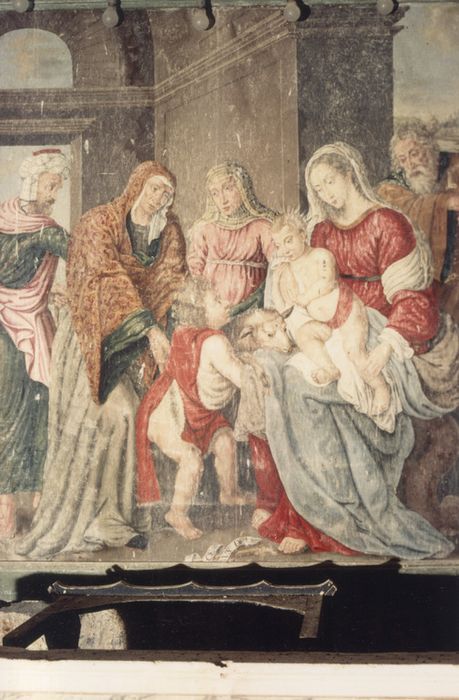 Tableau : Saint Jean Baptiste enfant apportant son agneau à l'Enfant Jésus qui est assis sur les genoux de la Vierge