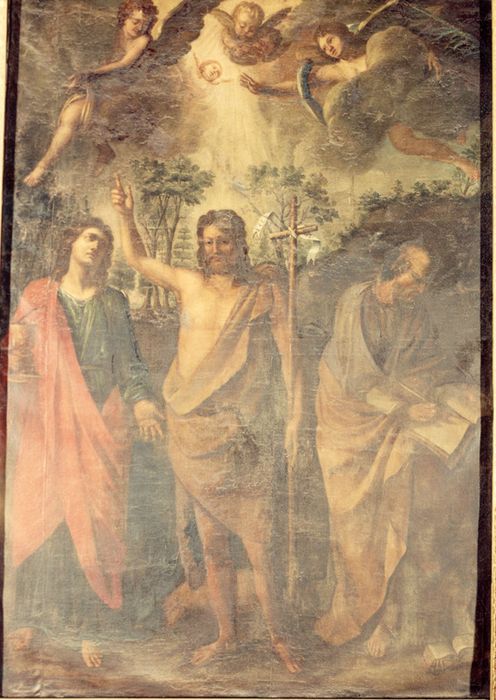 tableau : Saint Jean Baptiste entouré de Saint Matthieu et de Saint Jean l'Evangéliste