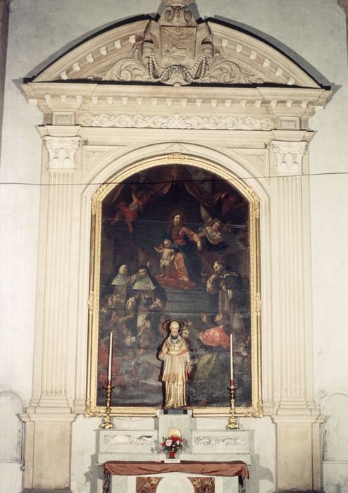 Tableau : la Remise du rosaire par la Vierge à l'Enfant à saint Dominique et sainte Catherine de Sienne