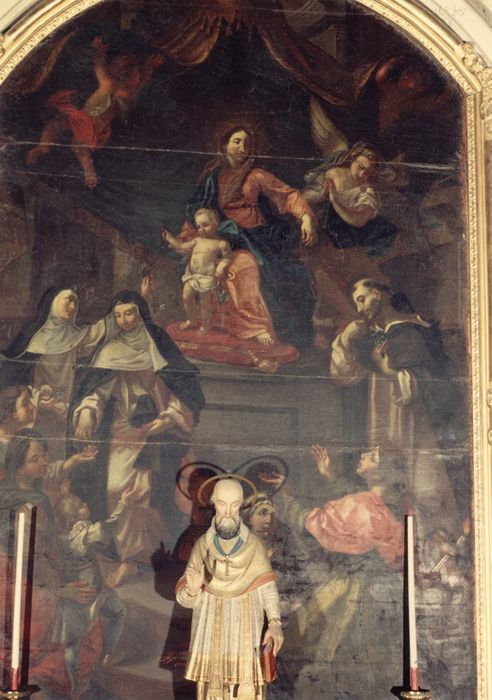 tableau : Remise du rosaire par la Vierge à l'Enfant à saint Dominique et sainte Catherine de Sienne