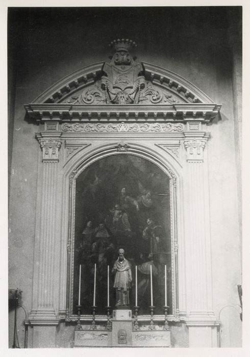 tableau : la Remise du rosaire par la Vierge à l'Enfant à saint Dominique et sainte Catherine de Sienne