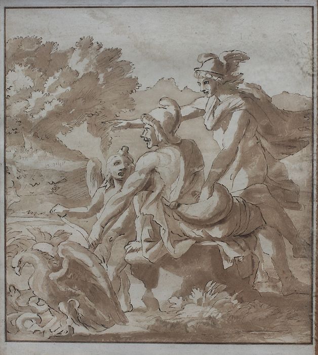 dessin : Scène de la mythologie représentant Mercure, Pâris et l'Amour - © Ministère de la Culture (France), Conservation des antiquités et des objets d’art de Vendée – Tous droits réservés 