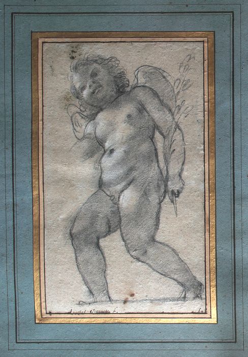 dessin : Un angelot tenant une palme - © Ministère de la Culture (France), Conservation des antiquités et des objets d’art de Vendée – Tous droits réservés