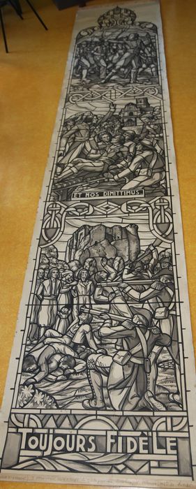 carton de vitrail n°3 : Les Fusillades du château de Pouzaugues