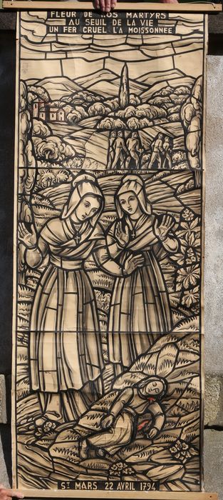 carton de vitrail n°7 : Deux femmes découvrant le massacre de Marie-Anne Chenau