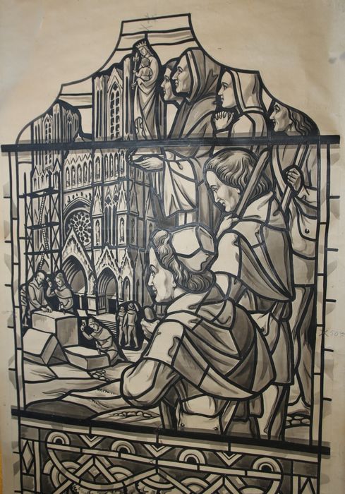 carton de vitrail n°4 : L'Apparition de la Vierge à Bernadette Soubirous, détail