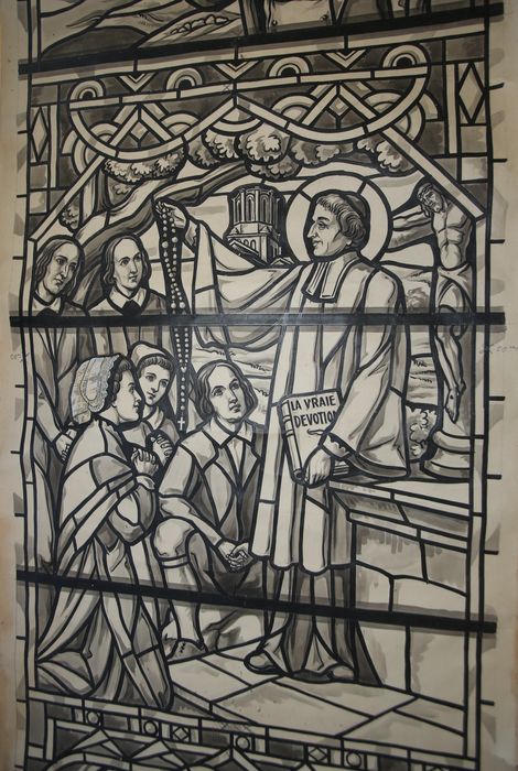 carton de vitrail n°4 : L'Apparition de la Vierge à Bernadette Soubirous, détail