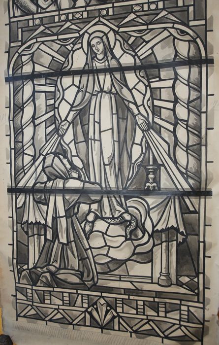 carton de vitrail n°6 : La Médaille miraculeuse, Saint Dominique recevant le rosaire et Le Culte des Gaulois envers Marie, détail