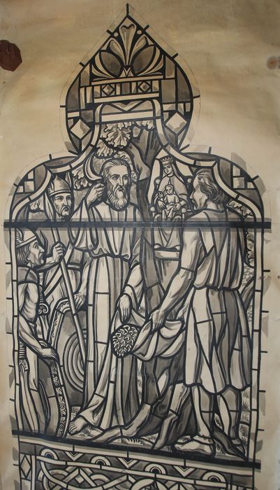 carton de vitrail n°6 : La Médaille miraculeuse, Saint Dominique recevant le rosaire et Le Culte des Gaulois envers Marie, détail