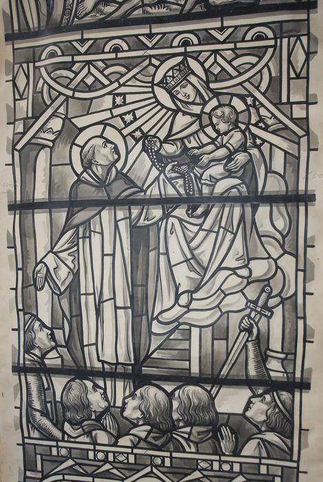 carton de vitrail n°6 : La Médaille miraculeuse, Saint Dominique recevant le rosaire et Le Culte des Gaulois envers Marie, détail