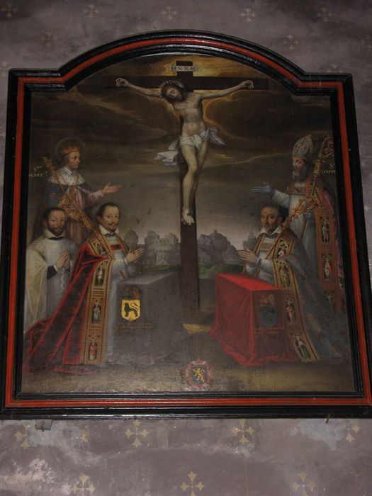 tableau : Christ en croix accompagné de deux évêques de Poitiers, et leurs saints patrons