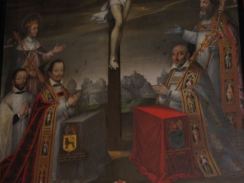 tableau : Christ en croix accompagné de deux évêques de Poitiers, et leurs saints patrons, vue partielle